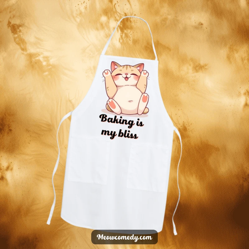 Funny apron featuring a happy cat rolling onto its back, sighing contentedly and exposing its belly, perfect for a cheerful kitchen.