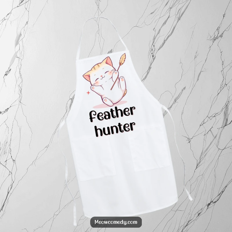 Funny Kawaii Cat Apron: A cute cat tumbling with a feather toy, a humorous kitchen essential.