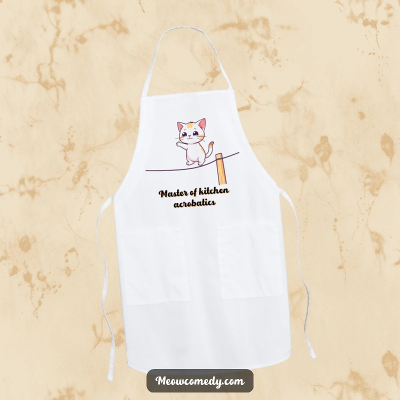 Funny apron showing a cat attempting a tightrope walk on a fence while cooking or doing kitchen tasks.