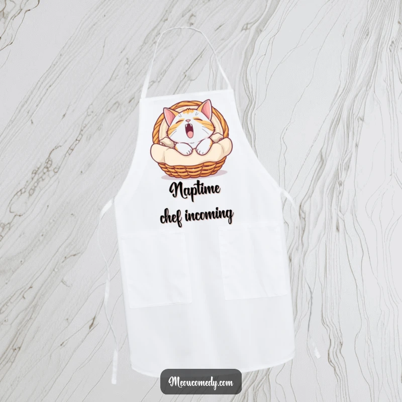Funny apron depicting a cat yawning widely inside a stylized basket, adding a humorous touch to kitchen duties.