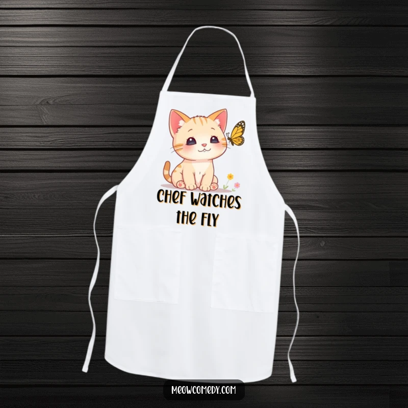 Funny Curious Cat Apron illustrating a small kitten with perked ears intently watching a butterfly, bringing feline curiosity to the kitchen.