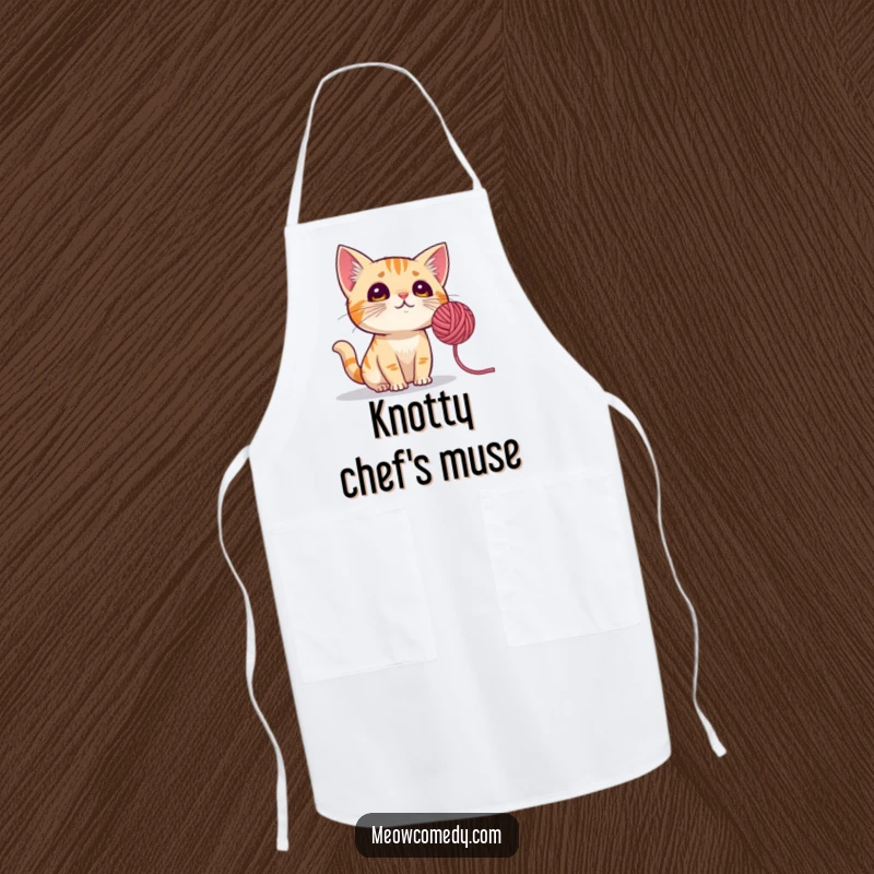 Funny Cat Apron: A whimsical apron design showcasing a cat with perked ears, captivated by a spinning yarn ball.