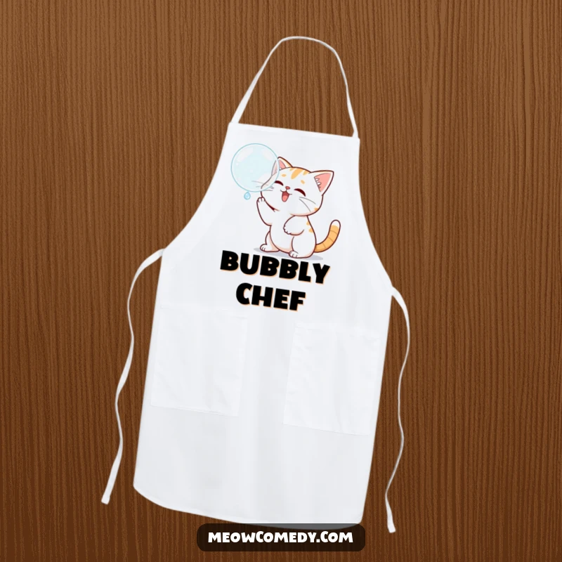 Funny Kawaii Cat Apron: A cute cat playfully batting at a bubble, a humorous kitchen essential.