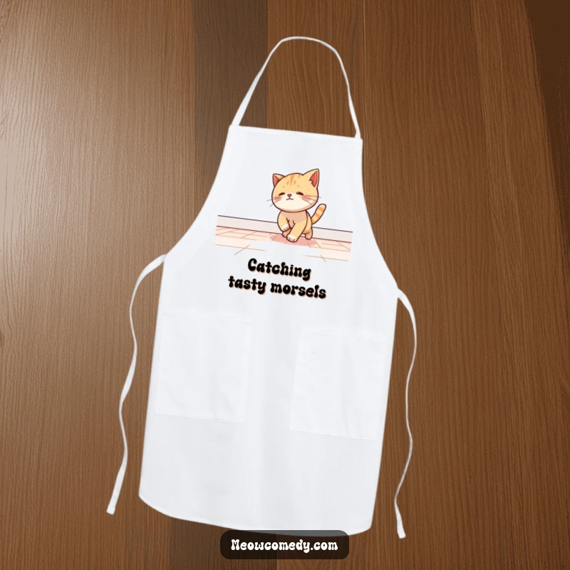 Funny kawaii cat playfully chasing a beam of light across a floor, wearing a kitchen apron.