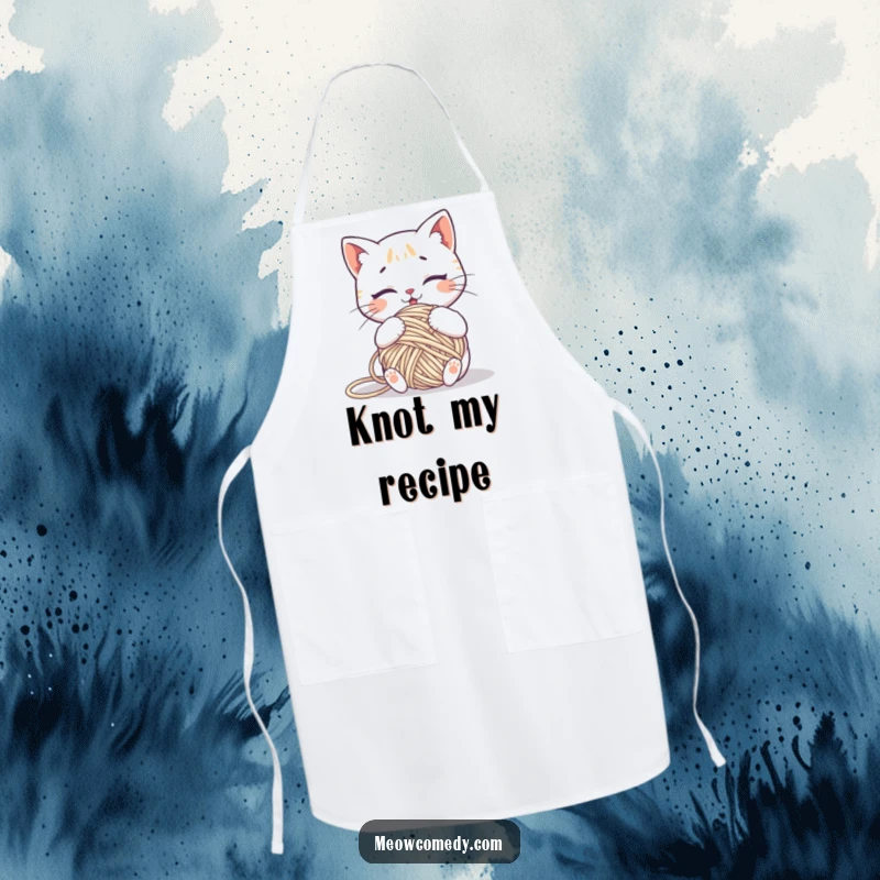Funny kawaii cat hilariously tangled in a ball of yarn, a humorous and practical apron.