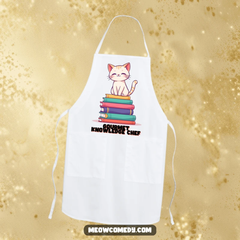 Funny apron depicting a cat elegantly balancing on a stack of colorful books, perfect for a literary kitchen.