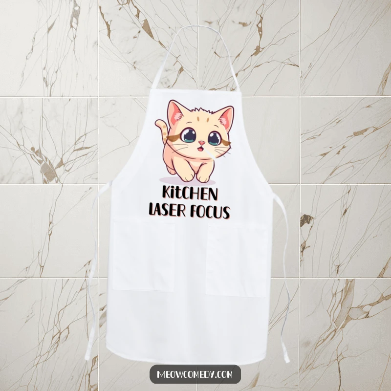 Funny Kawaii Cat Apron, showing a determined cat chasing a laser dot, ideal for kitchen fun and protecting outfits with playful energy.