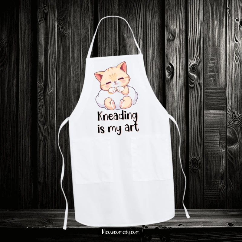 Funny apron with a serene cat kneading a cloud, perfect for chefs and bakers who enjoy a touch of feline humor.