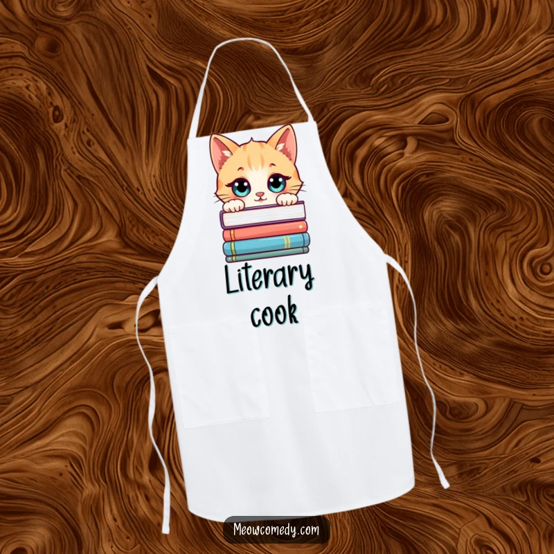 Funny Kawaii Cat Apron: A cute cat peeking over books, a humorous kitchen essential for readers.