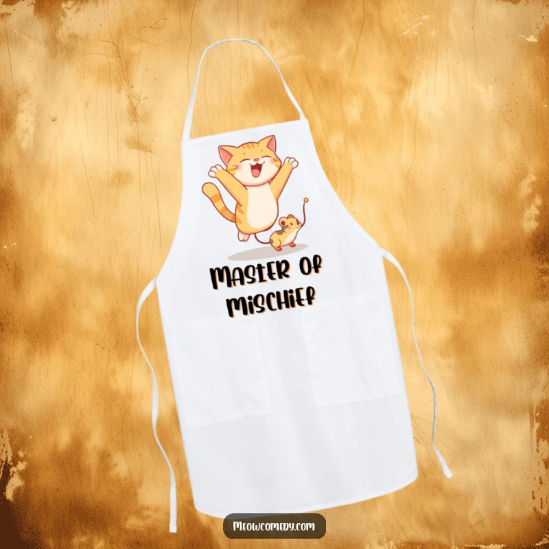 Funny apron illustration of a cat leaping enthusiastically to catch a toy mouse, a humorous kitchen accessory.