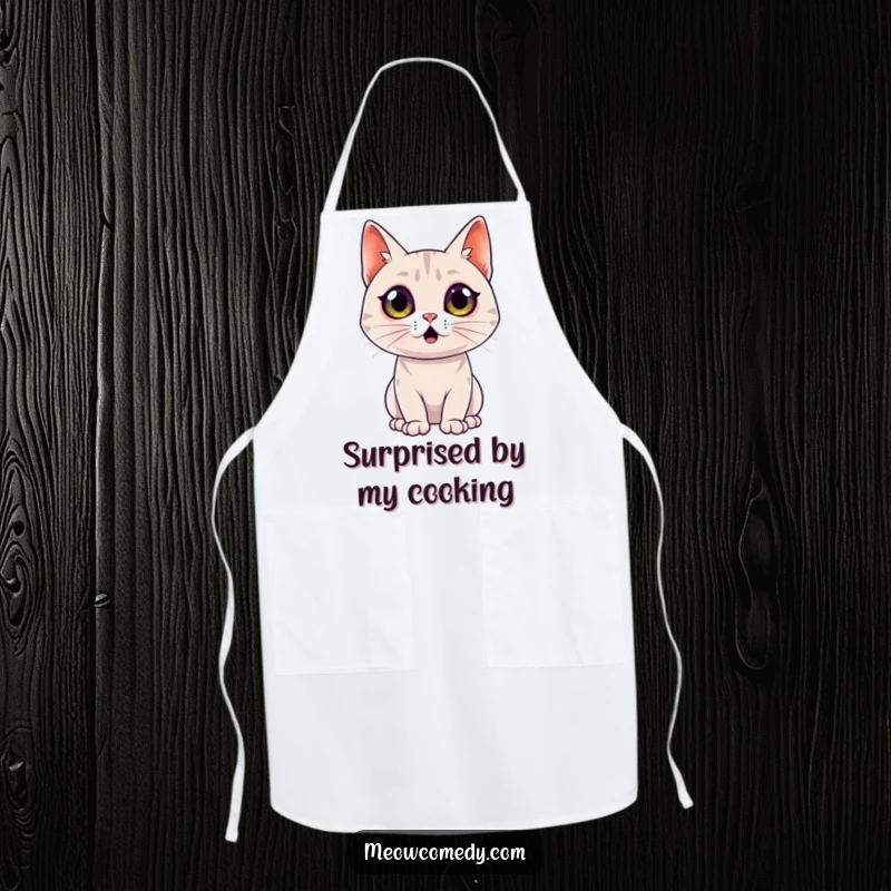 Funny Surprised Cat Apron: A sleek cat with comically wide eyes displays a surprised expression, perfect for a humorous kitchen accessory.