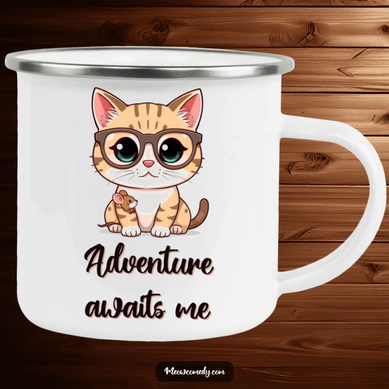 Funny kawaii cat wearing oversized spectacles, peering at a tiny mouse, a durable and humorous camping mug.