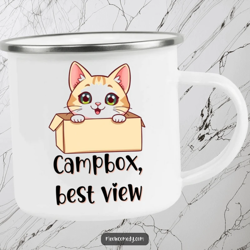 Funny Cat Camping Mug: A curious cat peeking from a box, ready for outdoor adventures, ideal for your morning coffee.