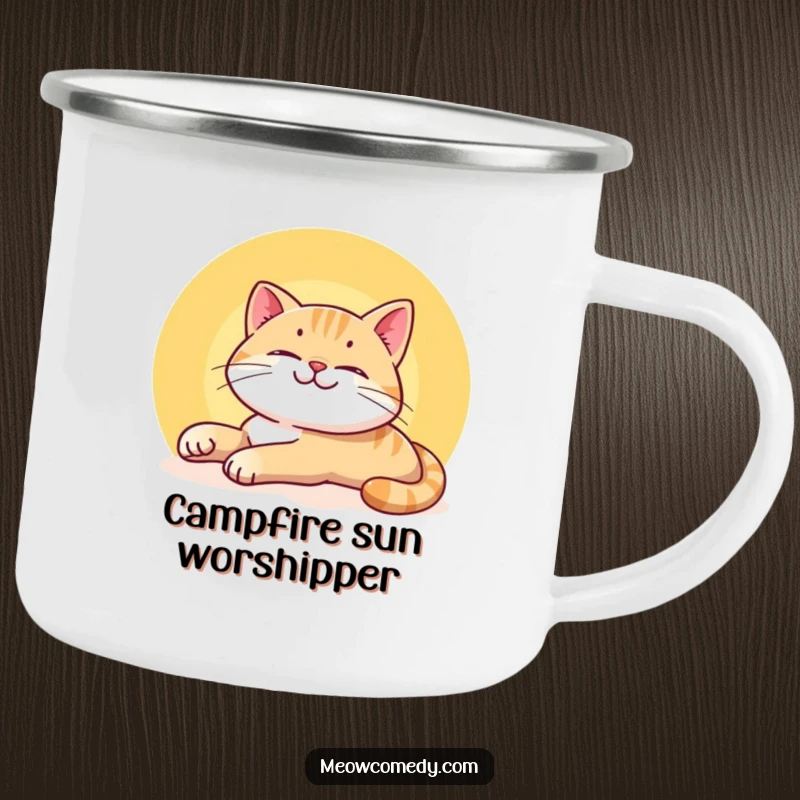 Funny Smiling Cat Camping Mug showing a content cat stretching lazily in a sunbeam, designed for durability and feline relaxation.