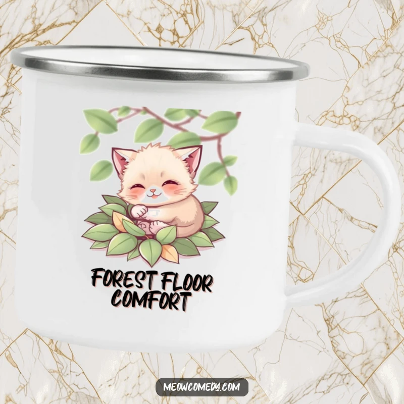 Funny Cat Camping Mug: A tiny cat rolling in autumn leaves on an outdoor adventure, perfect for your morning brew.