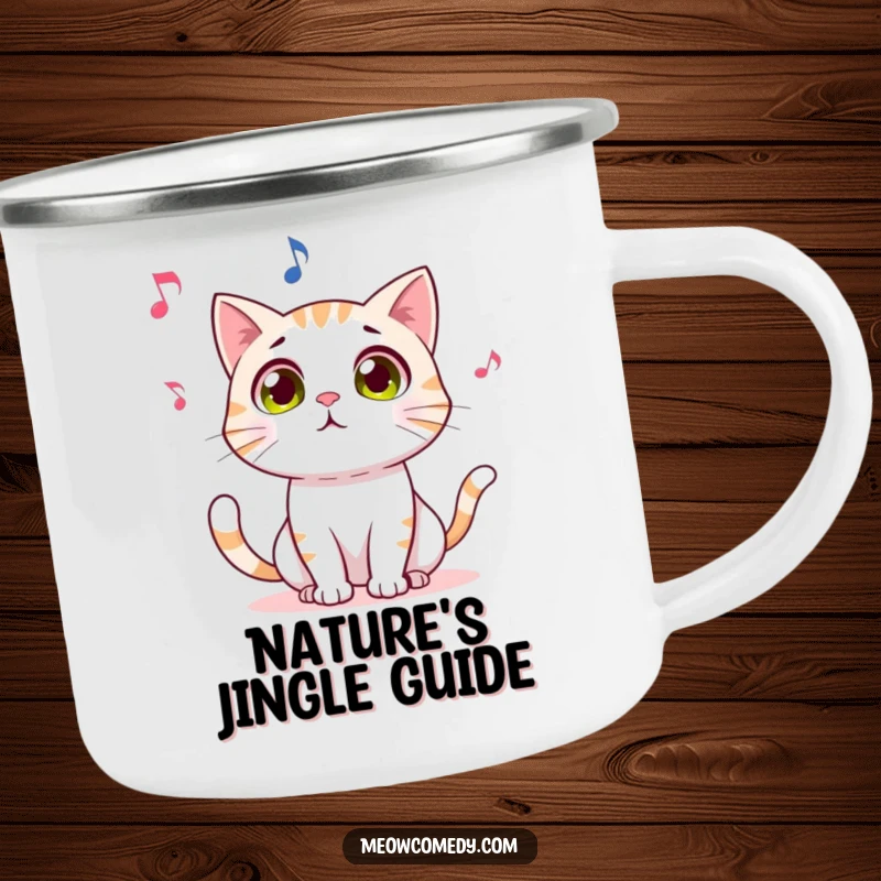 Funny camping mug showing a wide-eyed cat captivated by a playful dancing musical note, perfect for outdoor enthusiasts.