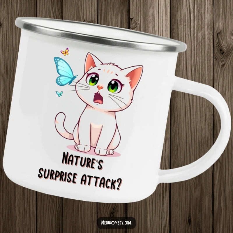 Funny surprised cat, wide startled eyes, pursuing a dancing butterfly, on a sturdy camping mug, perfect outdoor gift.