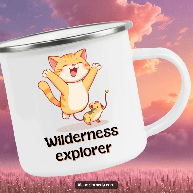 Funny camping mug showing a cat leaping energetically to catch a toy mouse, perfect for outdoor humor.