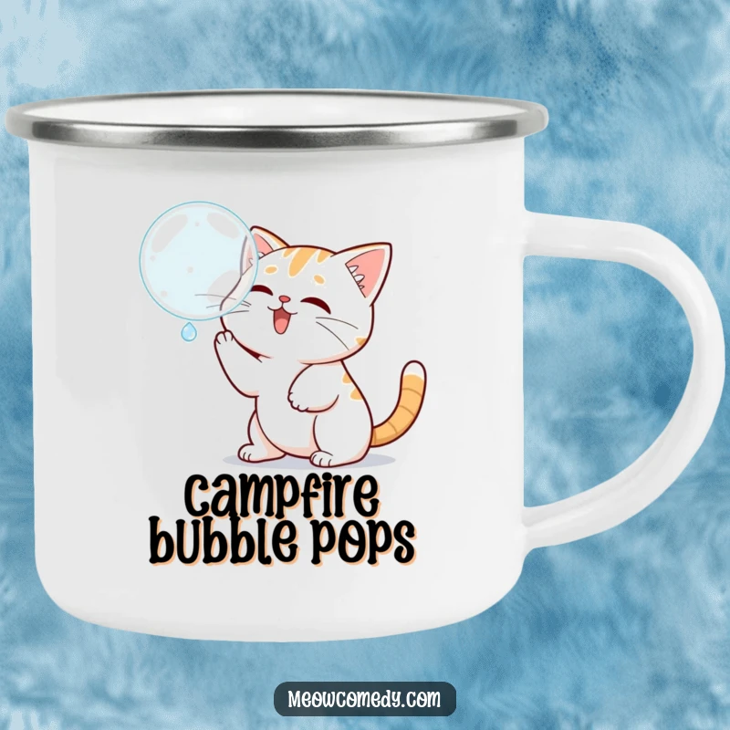Funny Kawaii Cat Camping Mug: A cute cat batting at a bubble, durable and humorous for camping.