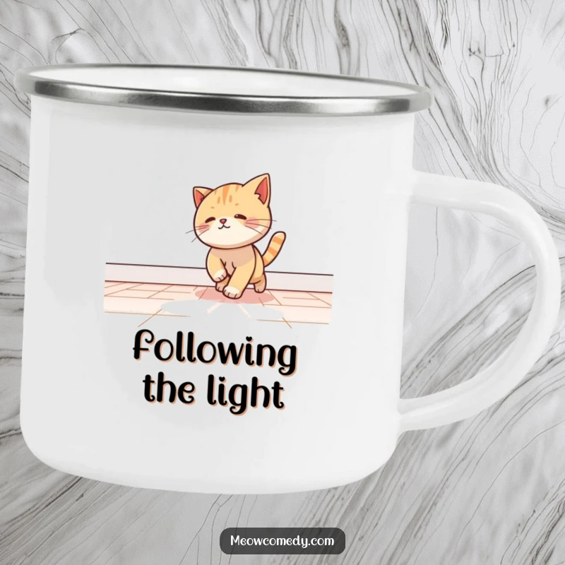 Funny kawaii cat playfully chasing a beam of light across a floor, on a durable camping mug.