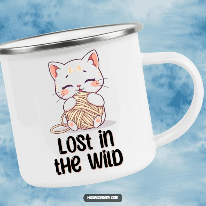 Funny kawaii cat comically tangled in a ball of yarn, a durable and humorous camping mug.