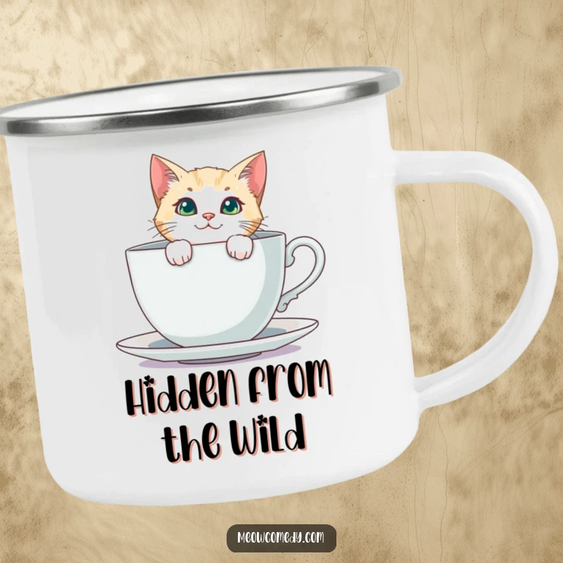 Funny Curious Cat Camping Mug: A curious cat peeks from behind a giant teacup on this durable and humorous camping mug.