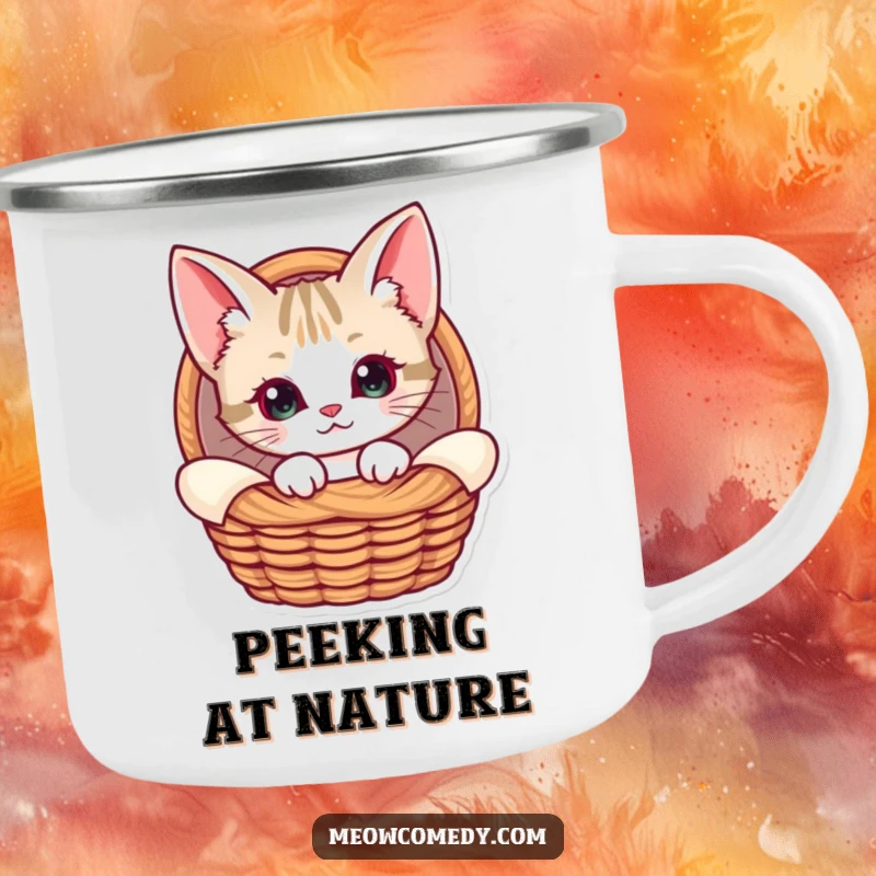 Funny Kawaii Cat Camping Mug, showing a cat with large ears peeking from a basket, designed for cozy outdoor adventures and warm sips.