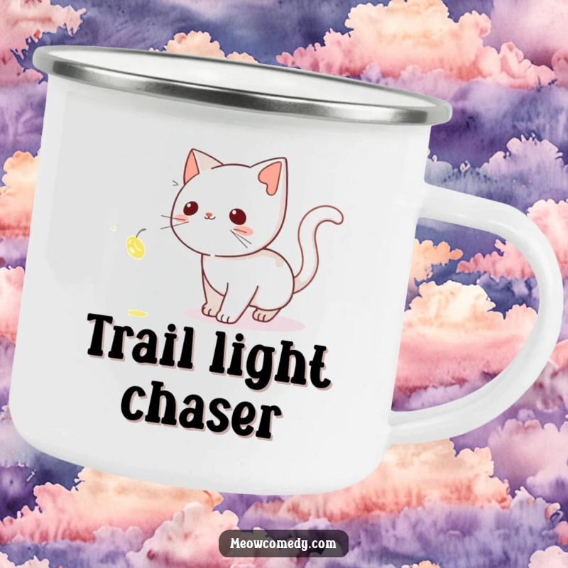 Funny Cat Camping Mug: A curious cat stalking a glowing firefly on a night adventure, perfect for your morning brew.