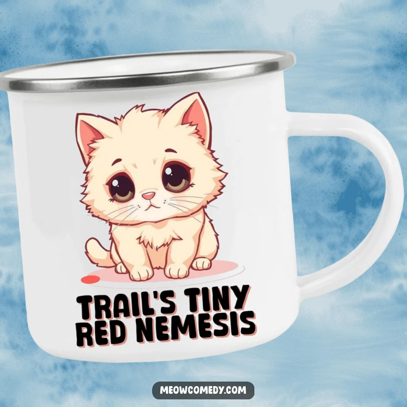 Funny Fluffy Cat Camping Mug: A fluffy cat with big eyes intently chases a red laser dot, perfect for outdoor brews.