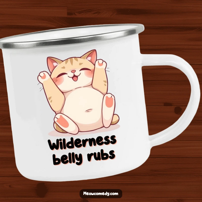Funny camping mug showing a happy cat rolling on its back, sighing contentedly and showing its belly, ideal for outdoor relaxation.