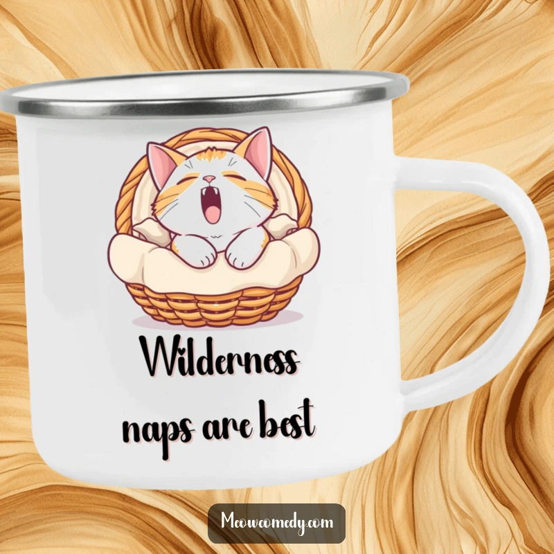 Funny enamel camping mug featuring a deeply tired cat yawning widely inside a cozy basket, perfect for outdoor sips.