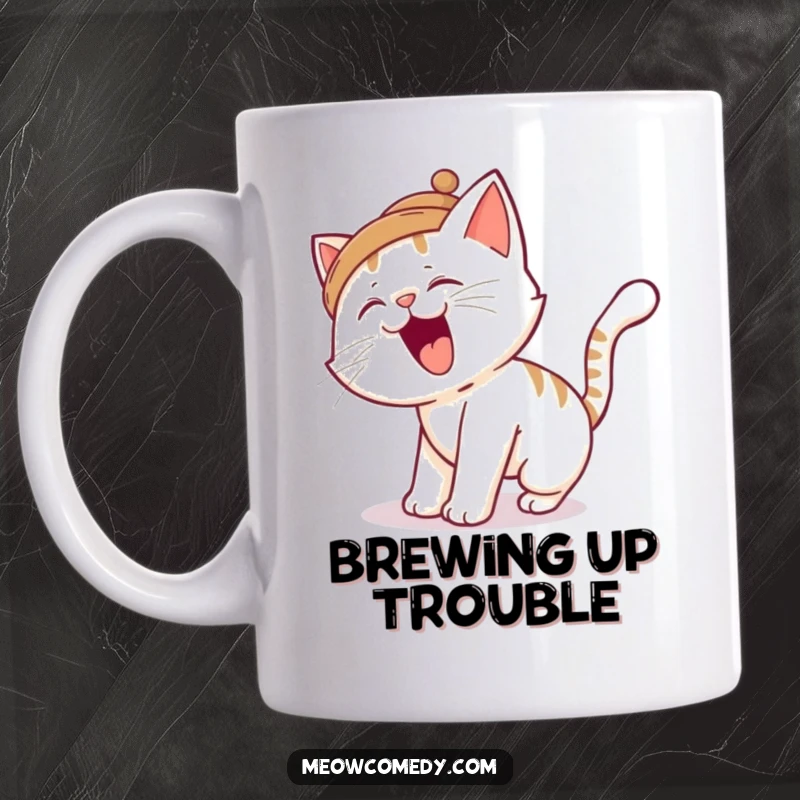 Funny cat mug, depicting a silly cat tripping over its own tail while wearing a tiny hat, a humorous and relatable design.