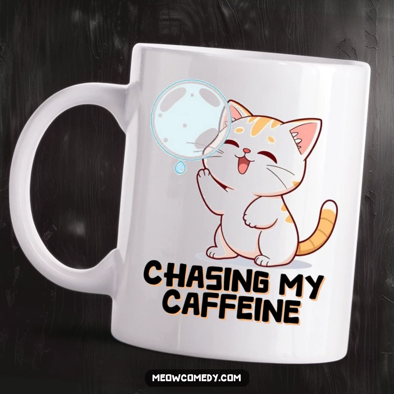 Funny Kawaii Cat Mug: A cute cat playfully bats at a floating bubble, a whimsical and funny gift.