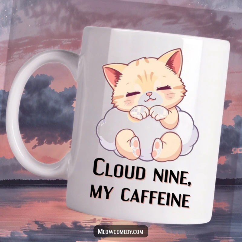 Funny mug featuring a serene cat blissfully kneading a soft, fluffy cloud, capturing pure feline contentment and relaxation.