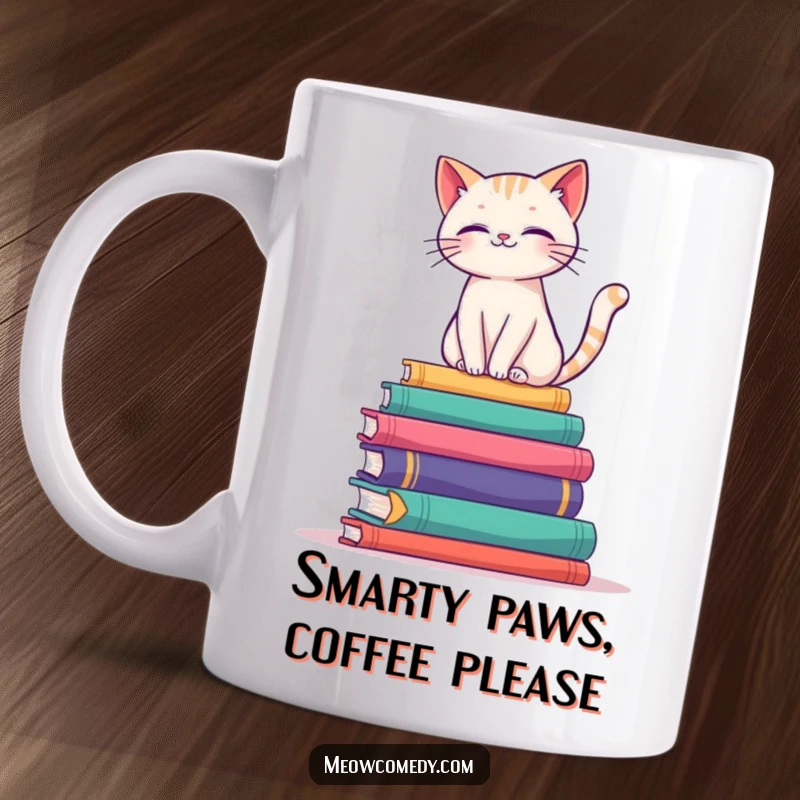 Funny mug showcasing an elegant cat perfectly balancing atop a tall stack of colorful, stylized books.