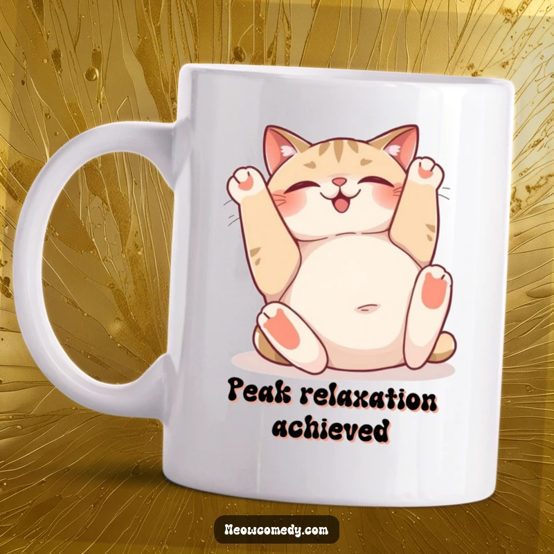 Funny mug showing a relaxed cat rolling on its back with a happy sigh, exposing its belly in total contentment.