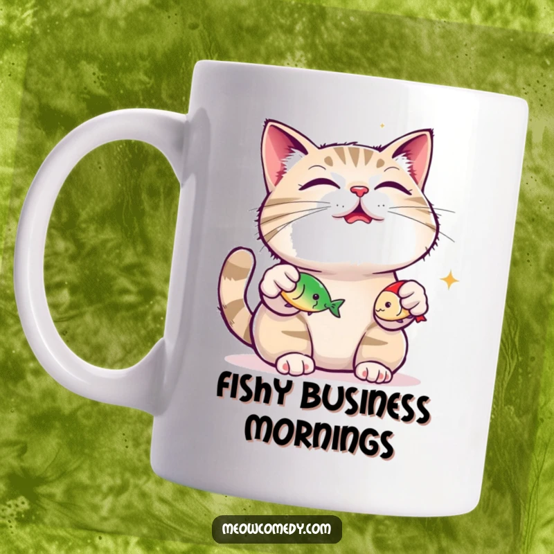Funny content cat, purring happily, juggling three small fish toys on a mug, representing joy and skill, great gift.