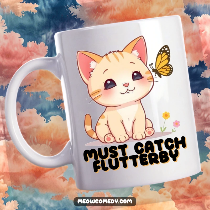 Funny Curious Cat Mug showing a small kitten with ears perked, intently watching a butterfly, embodying intense feline focus and curiosity.