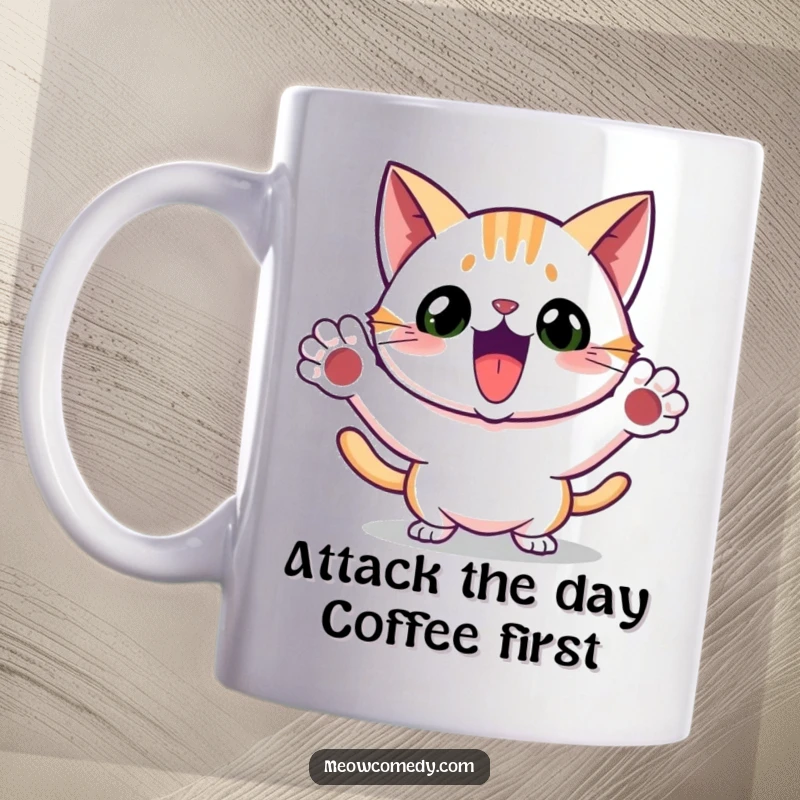 Funny mug showing an excited cat mid-pounce with its paws extended, full of playful energy and humor.