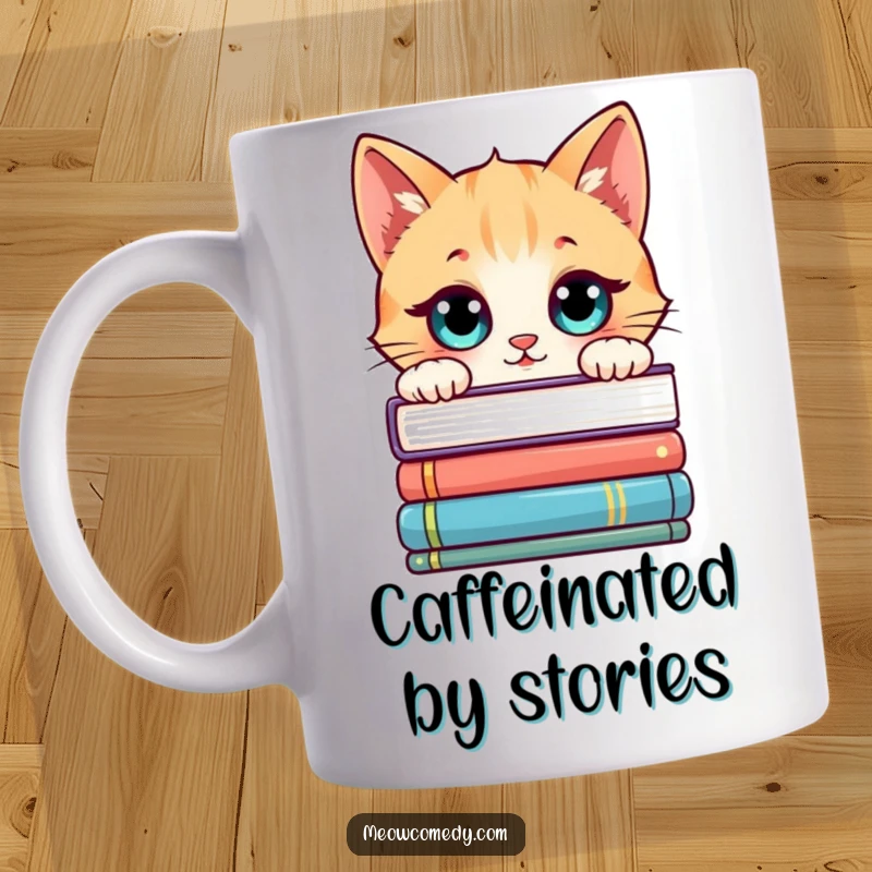 Funny Kawaii Cat Mug: A curious cat peeks over books, ideal for readers and a humorous gift.