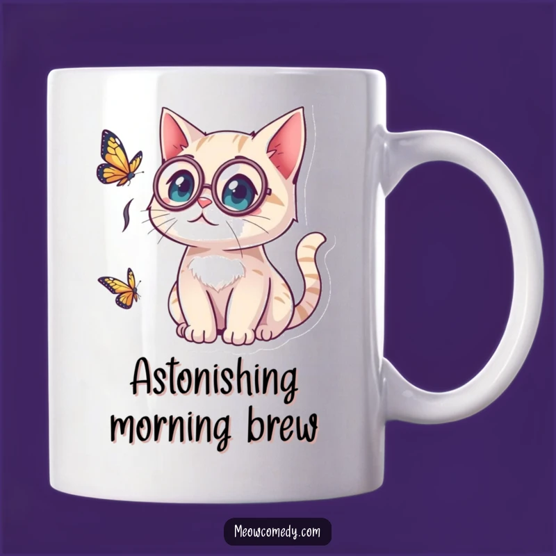 Funny Kawaii Cat Monocle Mug: Surprised by Butterfly, Whimsical Gift