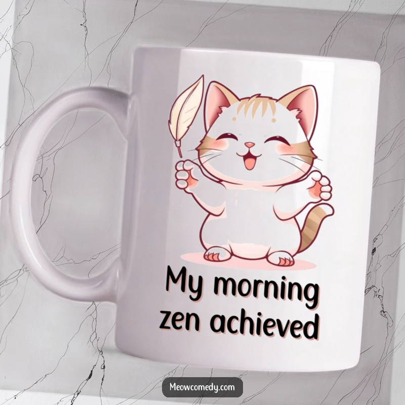 Funny Cat Mug: A mischievous cat with paws outstretched playfully batting at a floating feather, full of feline joy.
