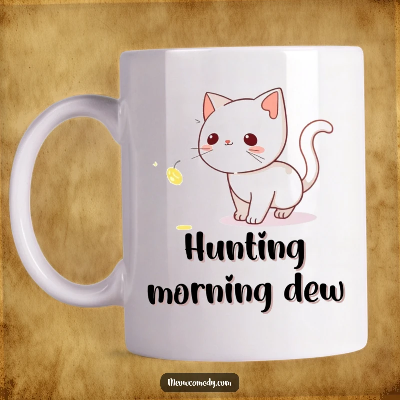 Funny Cat Mug: A curious cat tiptoeing stealthily through the night, eyes fixed on a shimmering firefly.