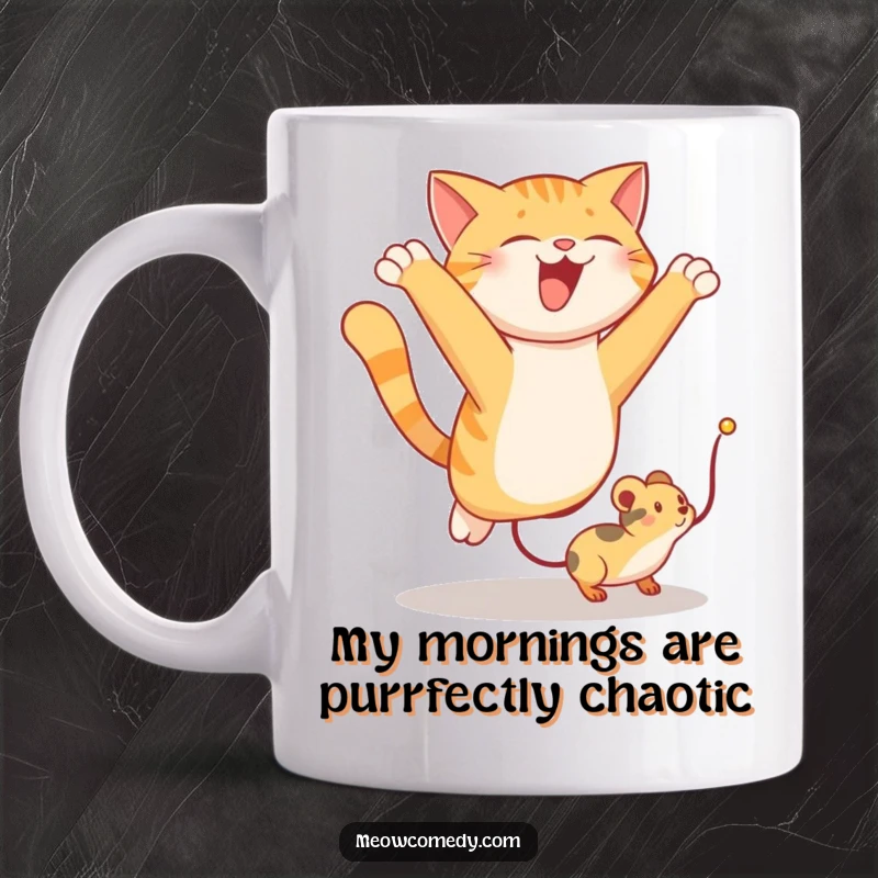 Funny cat leaping high to catch a bouncing toy mouse, capturing a moment of energetic and joyful playfulness on this mug.