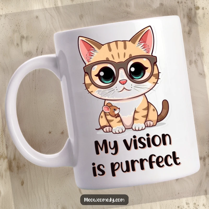 Funny kawaii cat wearing oversized spectacles, peering curiously with a tiny mouse friend nearby, perfect mug gift.