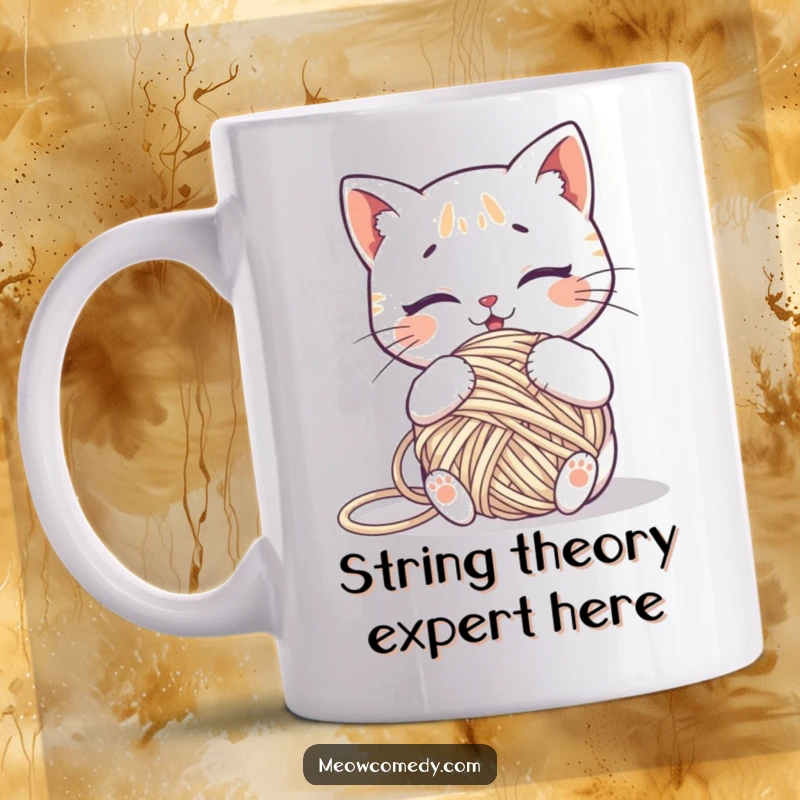Funny kawaii cat comically tangled in a ball of yarn, a humorous mug for cat and craft enthusiasts.
