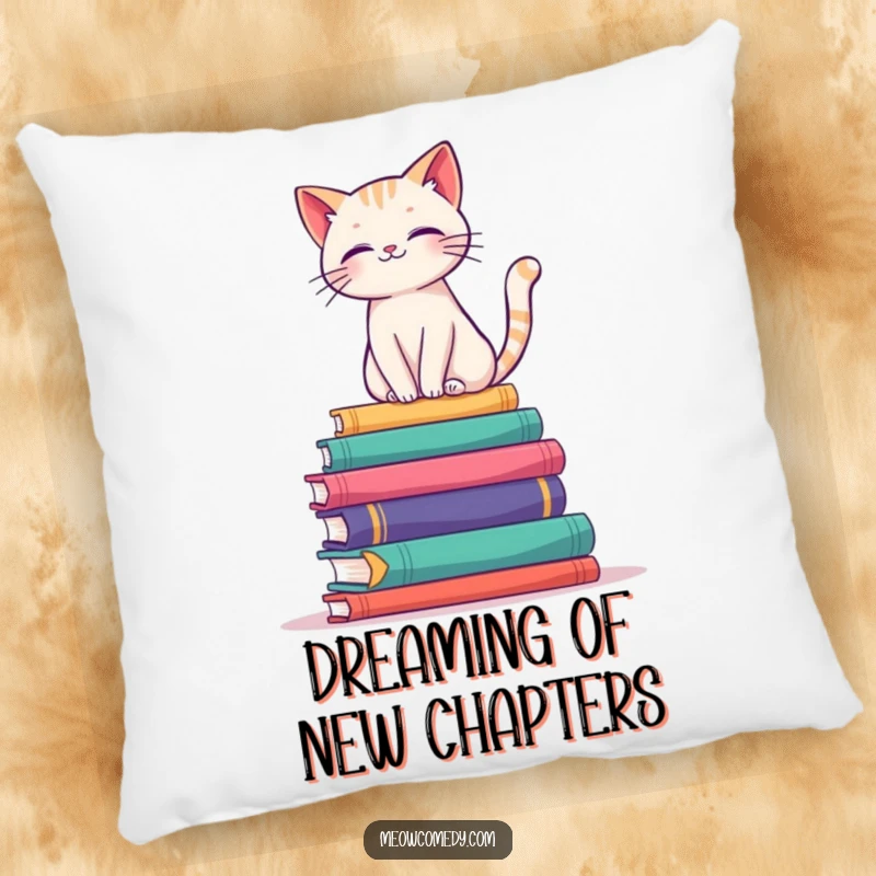 Funny pillow showcasing an elegant cat perfectly balanced on a stack of colorful books, adding literary flair.