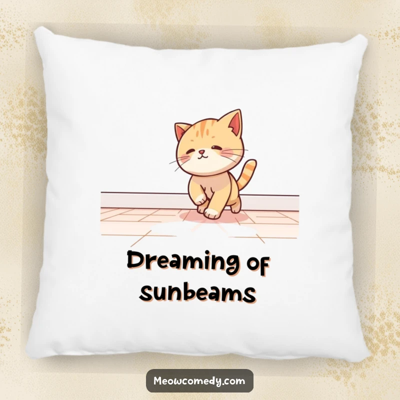 Funny kawaii cat playfully chasing a beam of light across a floor, on a soft and cuddly pillow.