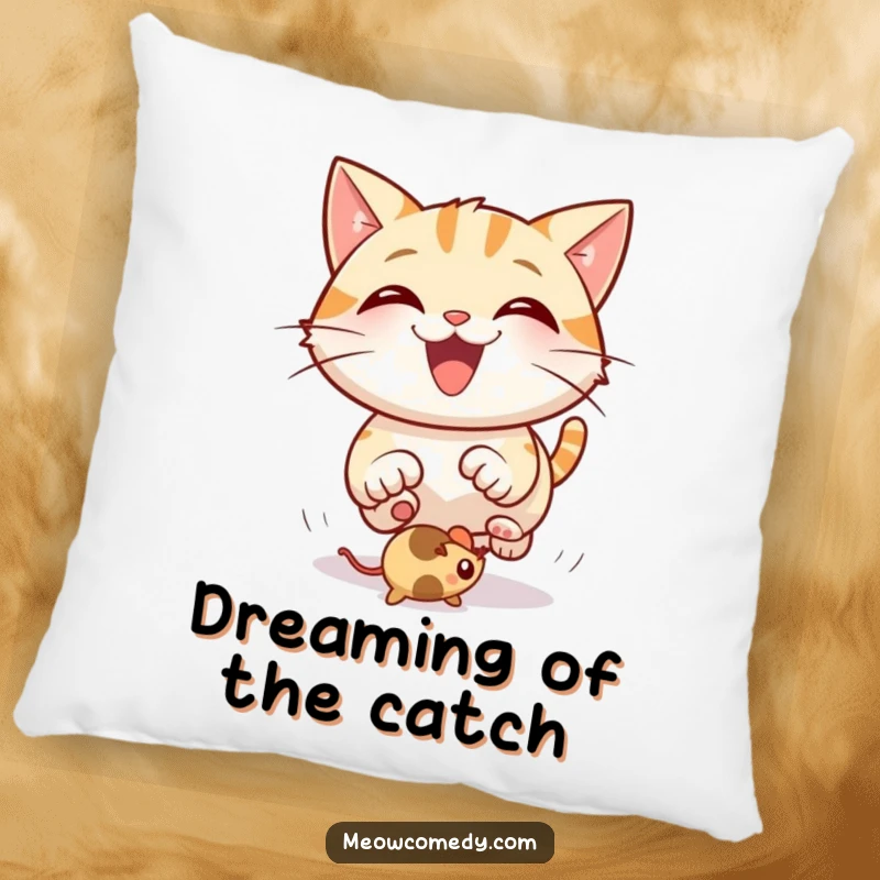 Funny Cat Pillow: A plush pillow showing a happy cat with a wide smile, chasing a bouncing mouse toy.