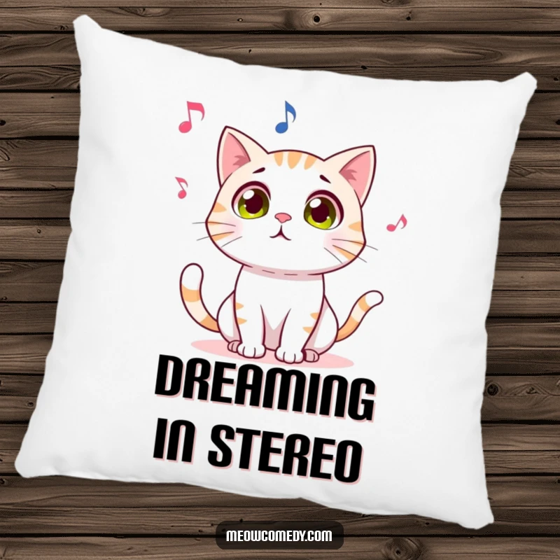 Funny pillow design of a wide-eyed cat marveling at a whimsical dancing musical note, depicting a moment of pure, silent awe.